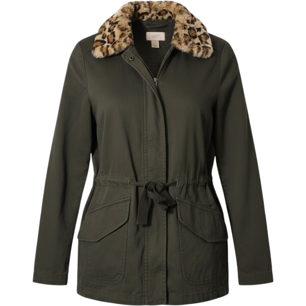 Loft Outlet Womens Olive Green Utility Jacket‎ Leopard Faux Fur Collar Medium